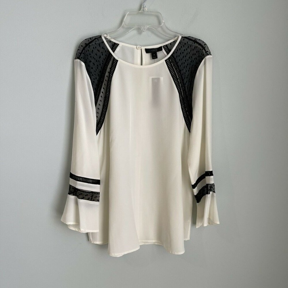 New J. Crew Ivory Black Silk Flutter Sleeve Top in Swiss Dot